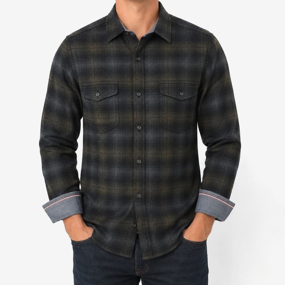 Flag & Anthem Shirt Mens Medium Gray Green Plaid Flannel Flip Cuffs Button-Up